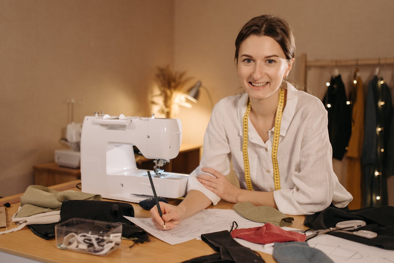Services A smiling seamstress working at her table with sewing tools and fabric, promoting a small business atmosphere.